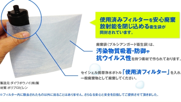 使用済みフィルターを安心廃棄放射能を閉じ込める衛生袋が同封されています。